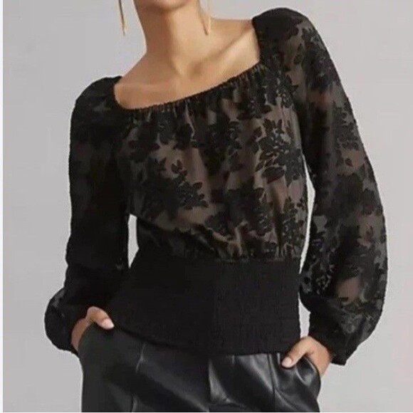 Anthropologie Current Air Smocked Black Lace Blouse Size Small NWT Whimsygoth - Picture 1 of 10